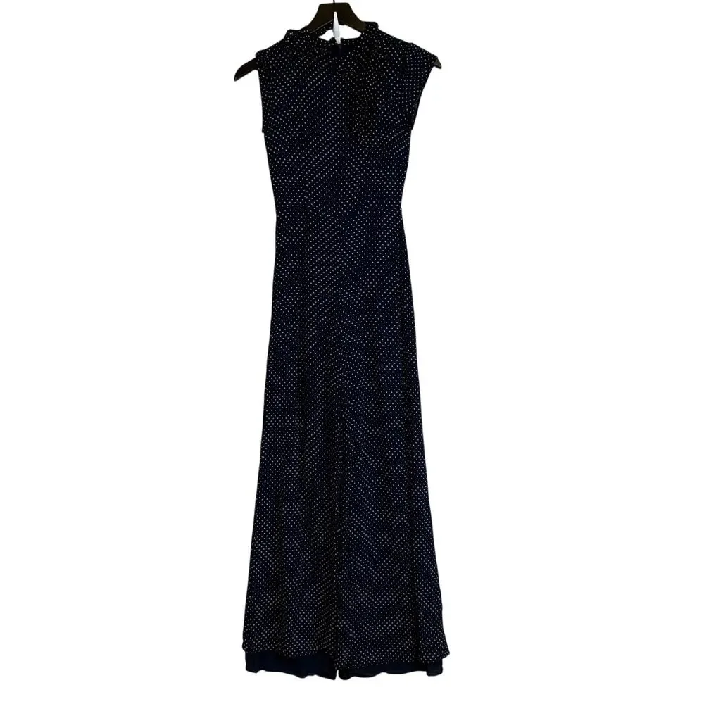 Reformation Elaine Navy Blue Polka Dot Mock Neck Wide Leg Jumpsuit - 2 - Picture 1 of 10